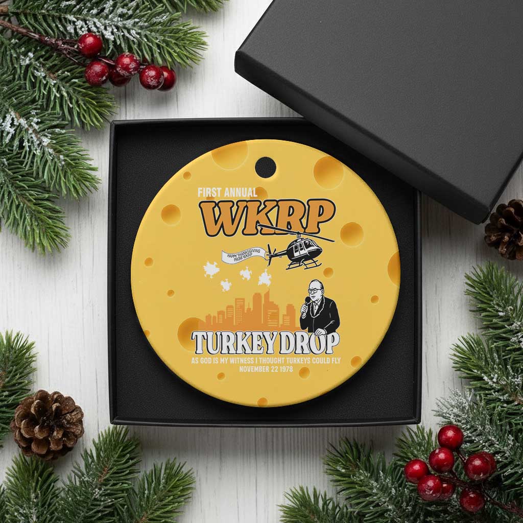WKRP Turkey Drop with Les Nessman Ceramic Ornament Retro Thanksgiving Humor for Classic TV Fans - Wonder Print Shop