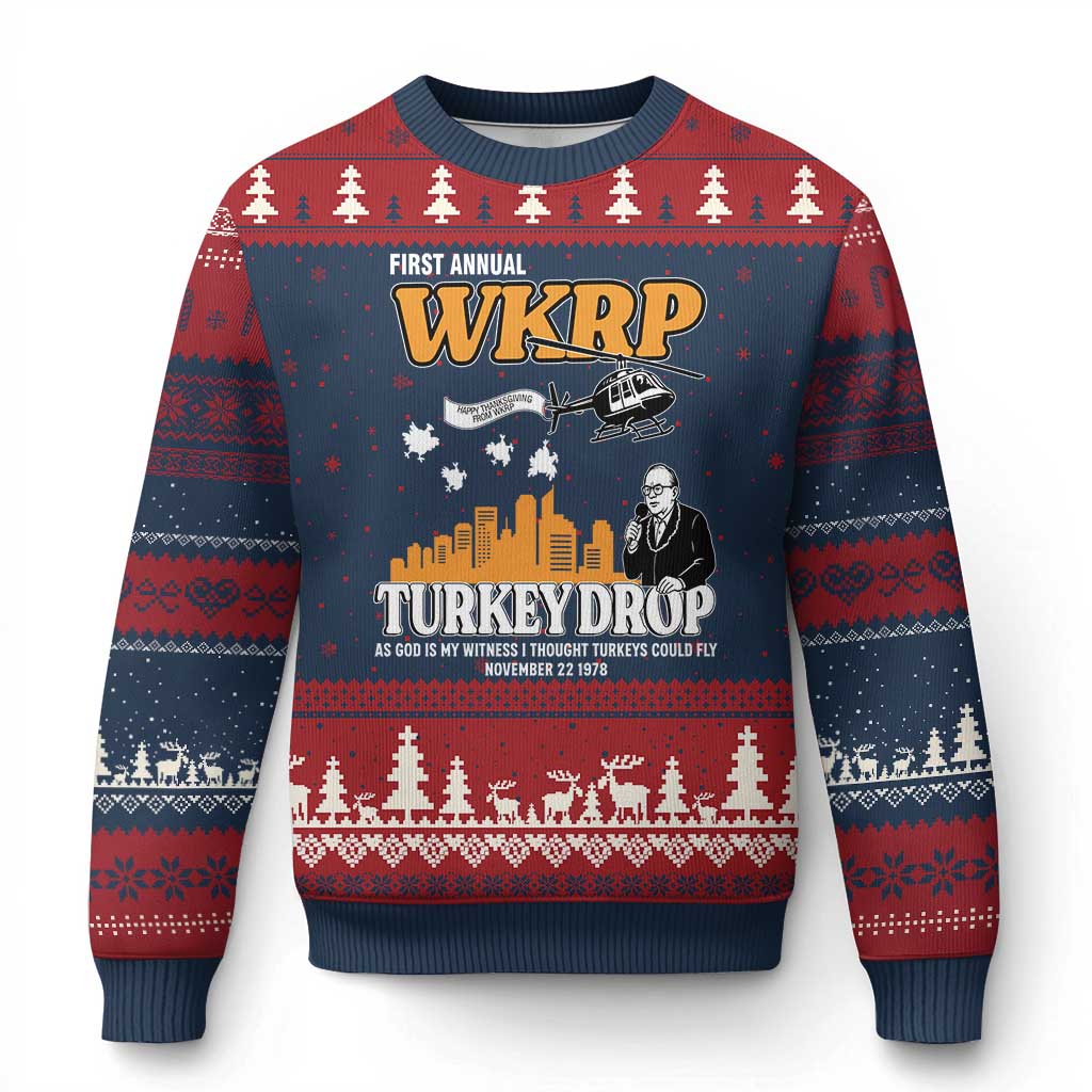 WKRP Turkey Drop with Les Nessman Ugly Christmas Sweater Retro Thanksgiving Humor for Classic TV Fans - Wonder Print Shop
