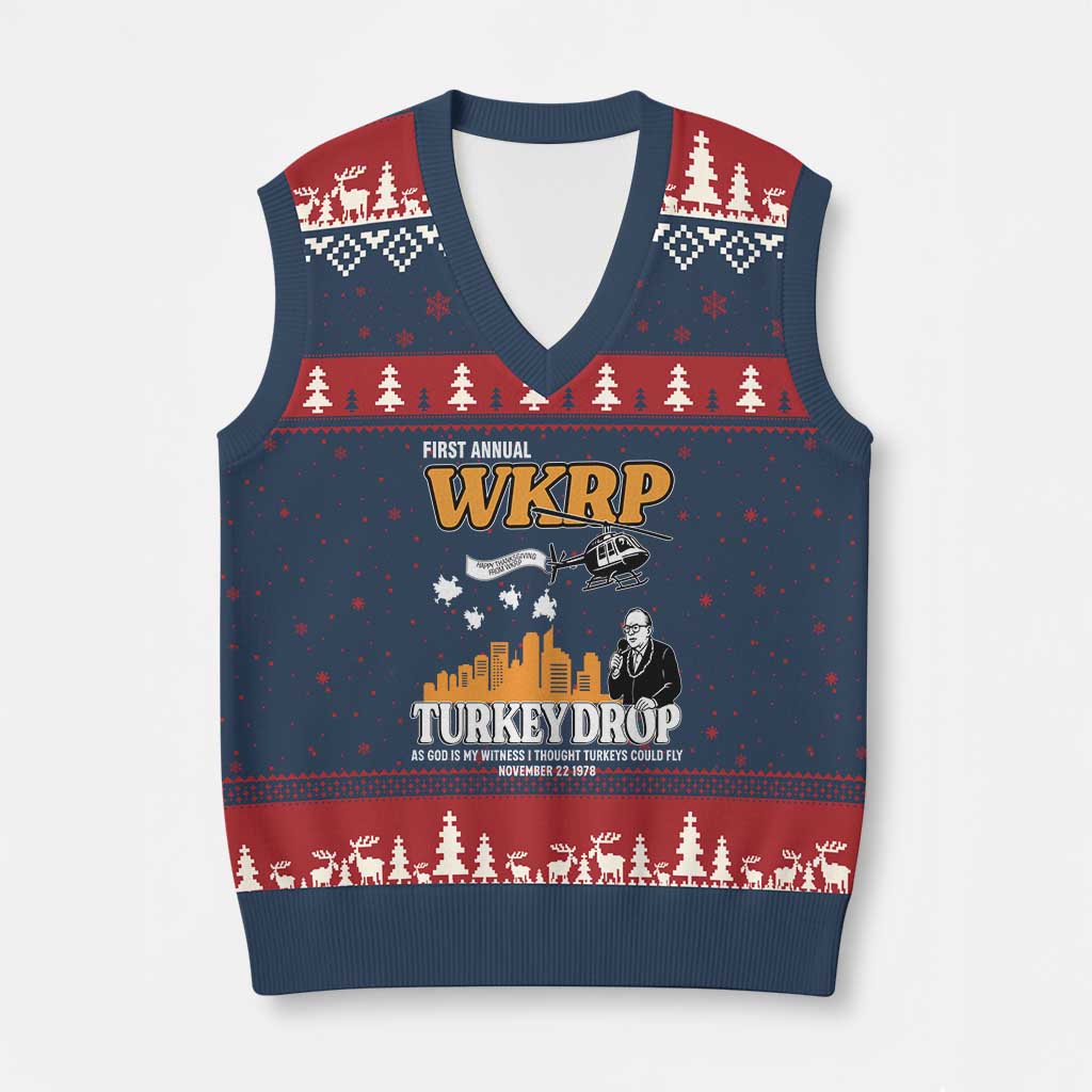 WKRP Turkey Drop with Les Nessman V-Neck Knit Sweater Vest Retro Thanksgiving Humor for Classic TV Fans - Wonder Print Shop
