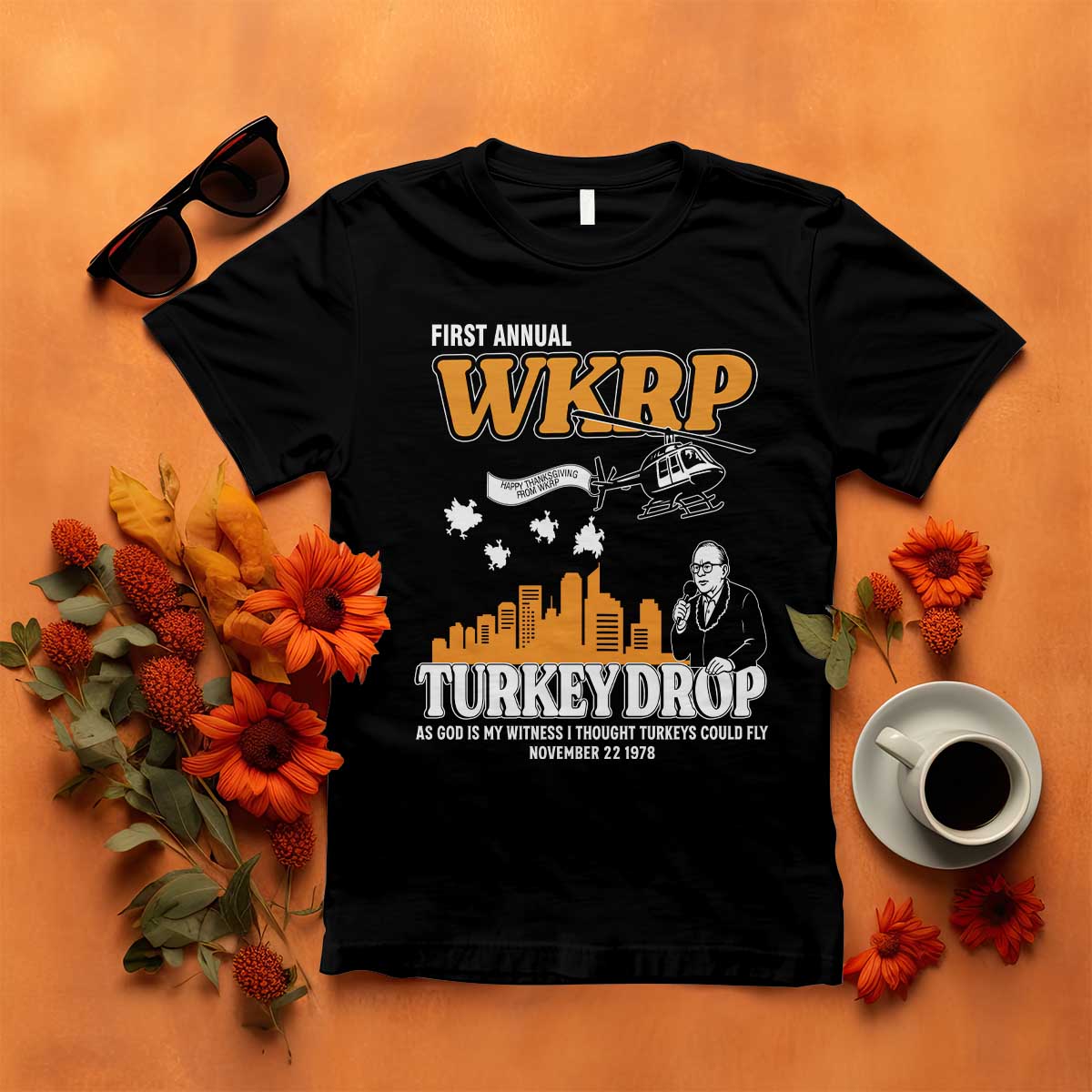 WKRP Turkey Drop with Les Nessman T Shirt Retro Thanksgiving Humor for Classic TV Fans - Wonder Print Shop