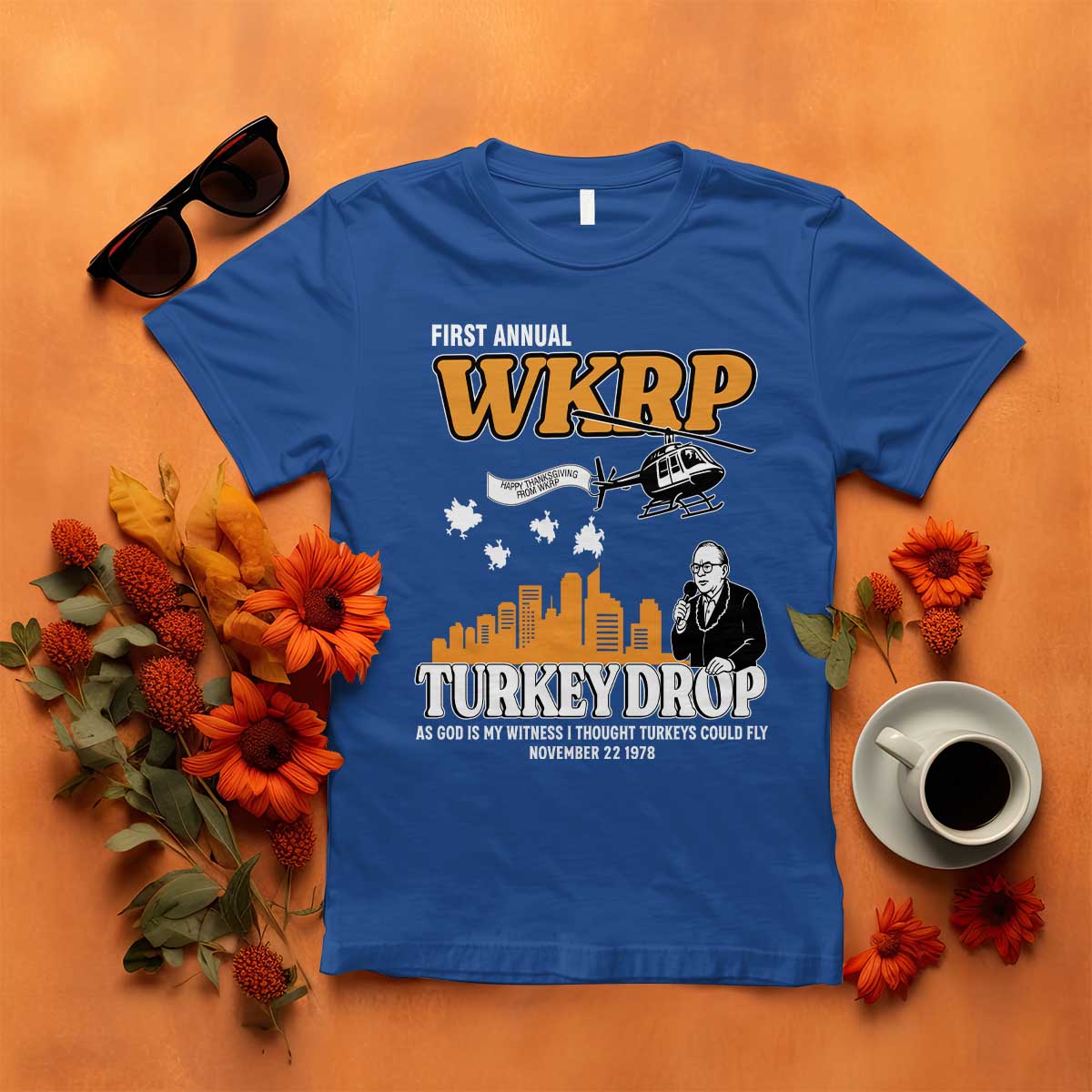 WKRP Turkey Drop with Les Nessman T Shirt Retro Thanksgiving Humor for Classic TV Fans - Wonder Print Shop