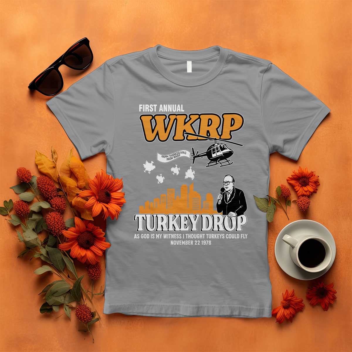 WKRP Turkey Drop with Les Nessman T Shirt Retro Thanksgiving Humor for Classic TV Fans - Wonder Print Shop
