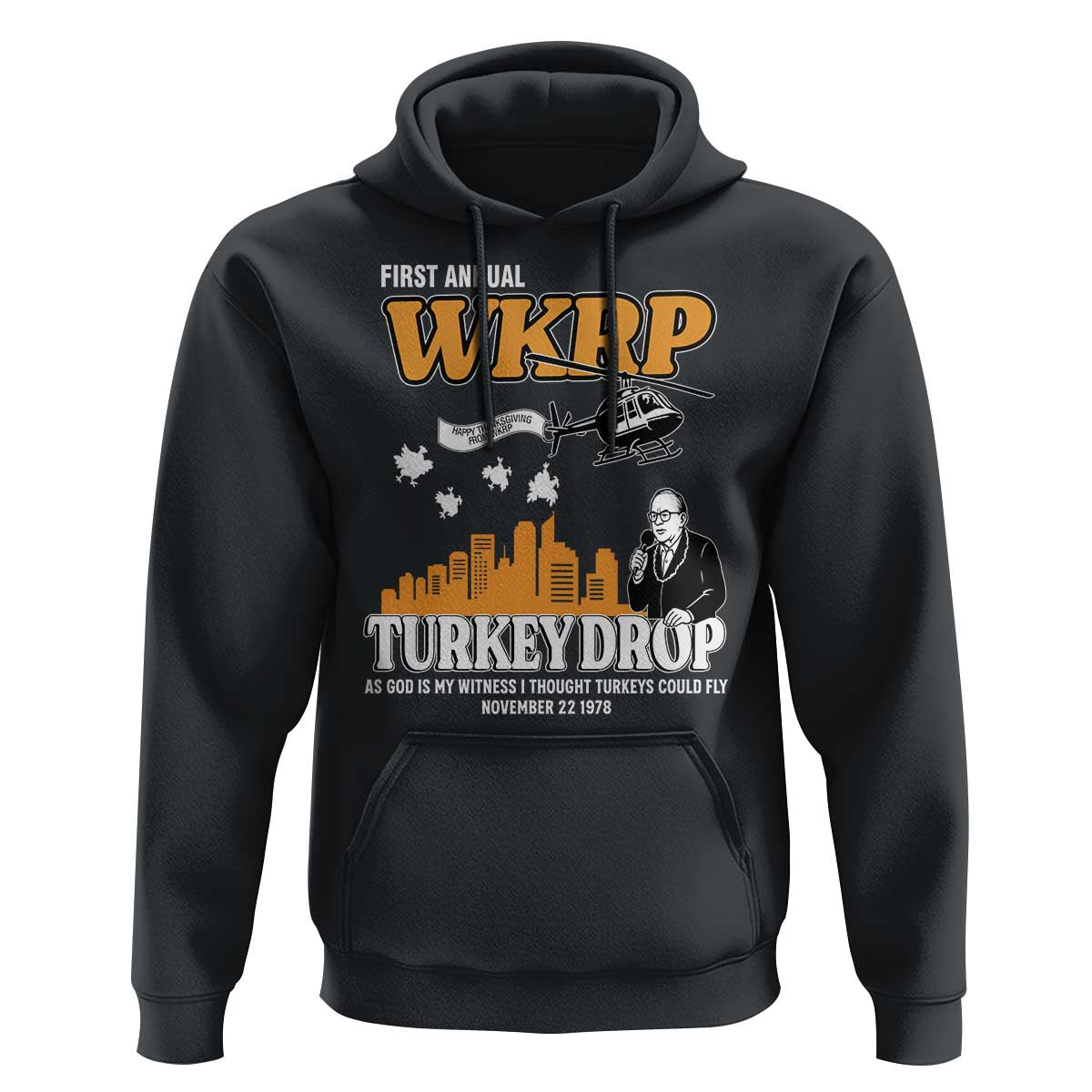 WKRP Turkey Drop with Les Nessman Hoodie Retro Thanksgiving Humor for Classic TV Fans - Wonder Print Shop