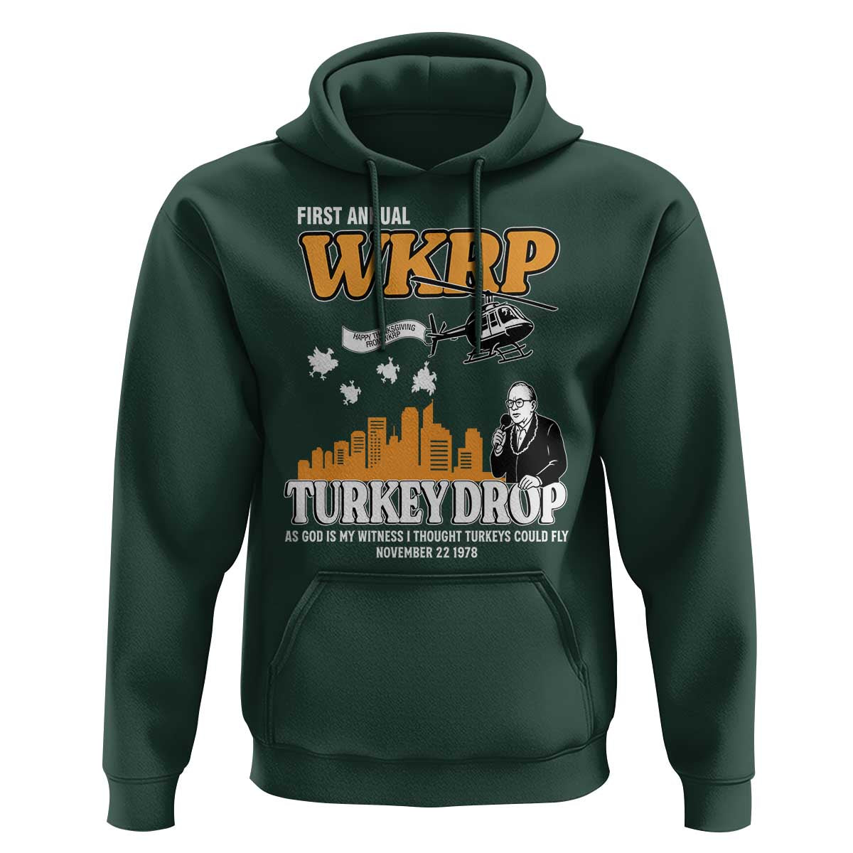 WKRP Turkey Drop with Les Nessman Hoodie Retro Thanksgiving Humor for Classic TV Fans - Wonder Print Shop