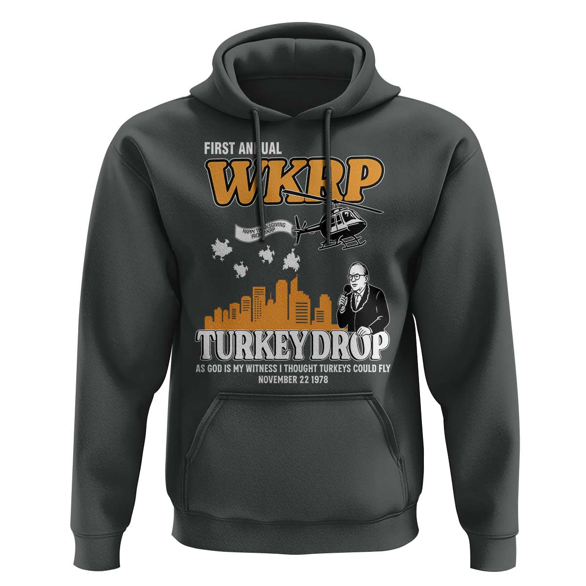 WKRP Turkey Drop with Les Nessman Hoodie Retro Thanksgiving Humor for Classic TV Fans - Wonder Print Shop