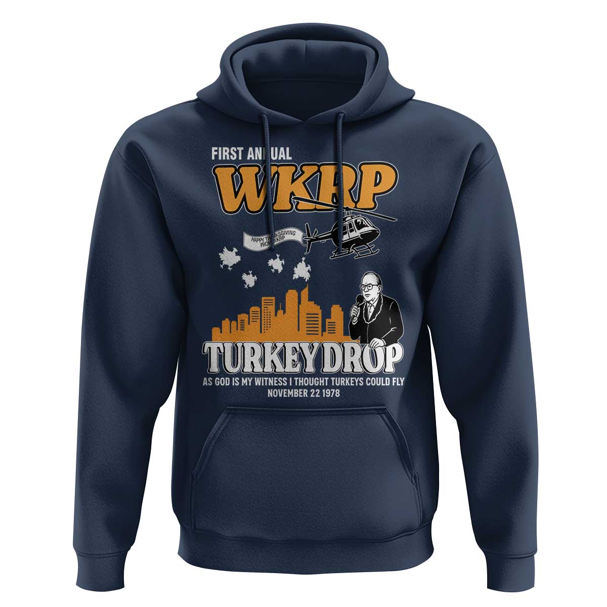 WKRP Turkey Drop with Les Nessman Hoodie Retro Thanksgiving Humor for Classic TV Fans - Wonder Print Shop