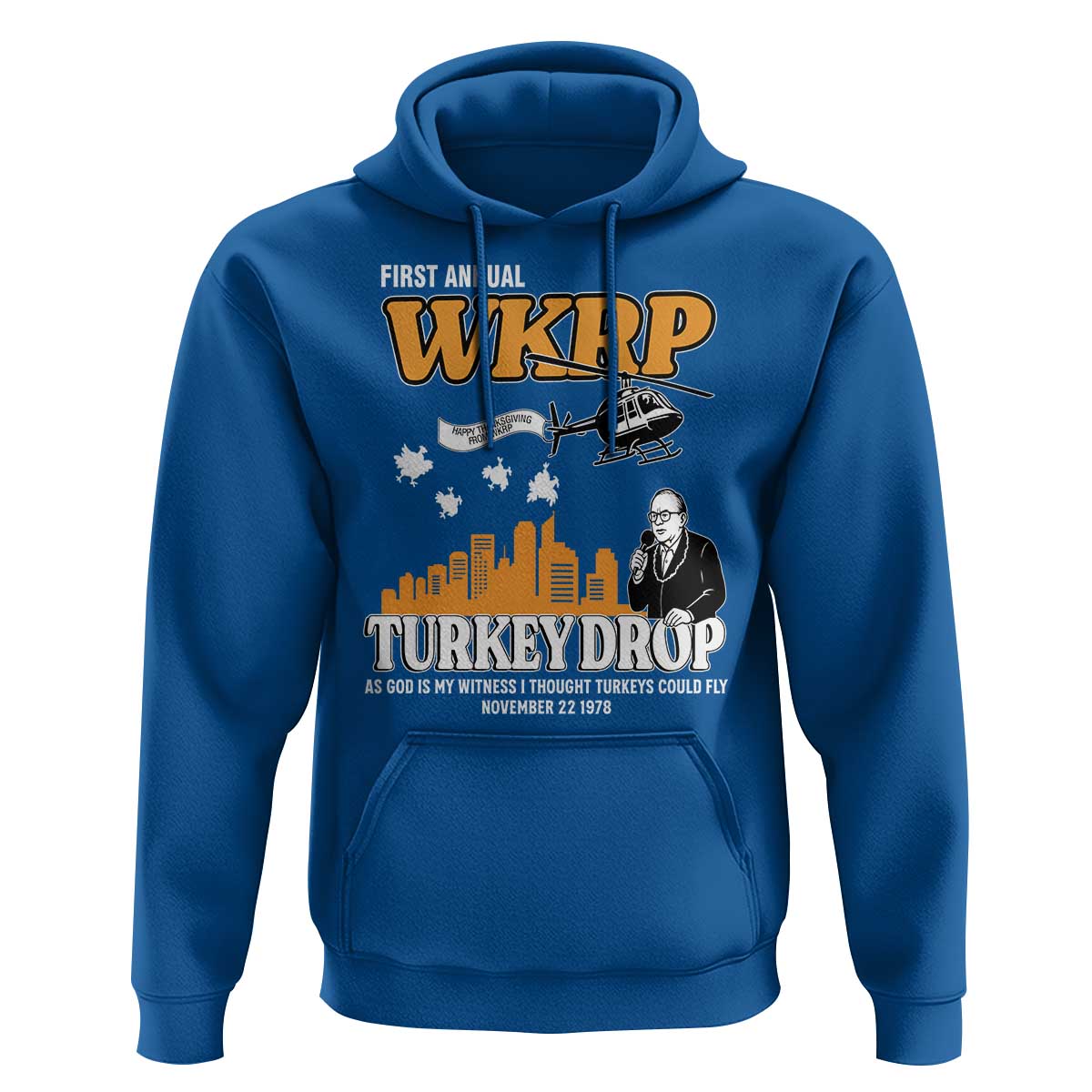 WKRP Turkey Drop with Les Nessman Hoodie Retro Thanksgiving Humor for Classic TV Fans - Wonder Print Shop