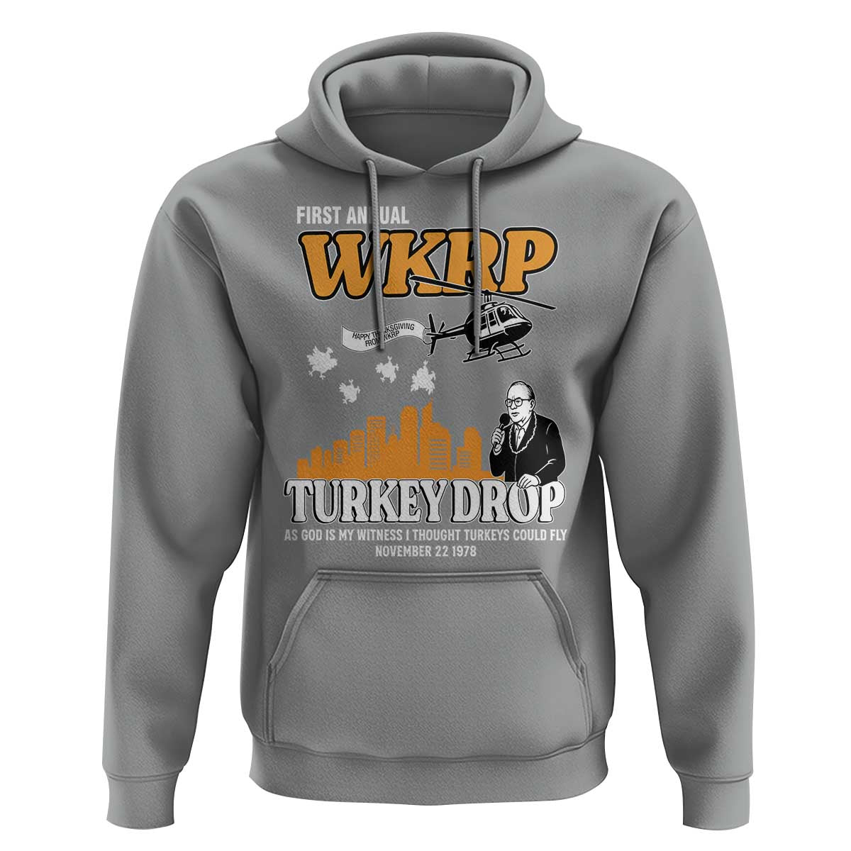 WKRP Turkey Drop with Les Nessman Hoodie Retro Thanksgiving Humor for Classic TV Fans - Wonder Print Shop