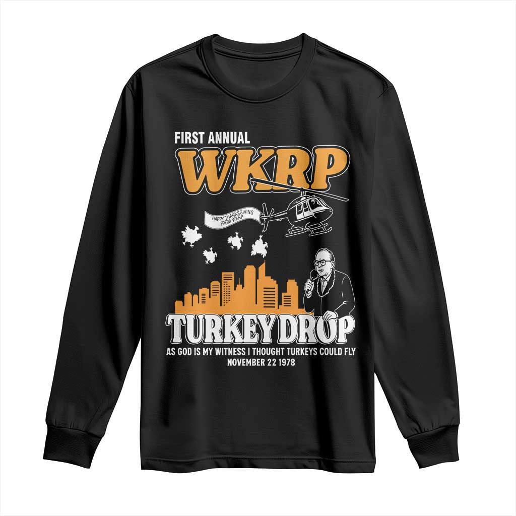 WKRP Turkey Drop with Les Nessman Long Sleeve Shirt Retro Thanksgiving Humor for Classic TV Fans - Wonder Print Shop