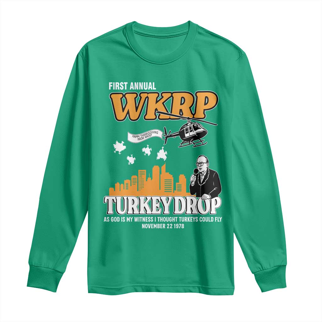 WKRP Turkey Drop with Les Nessman Long Sleeve Shirt Retro Thanksgiving Humor for Classic TV Fans - Wonder Print Shop