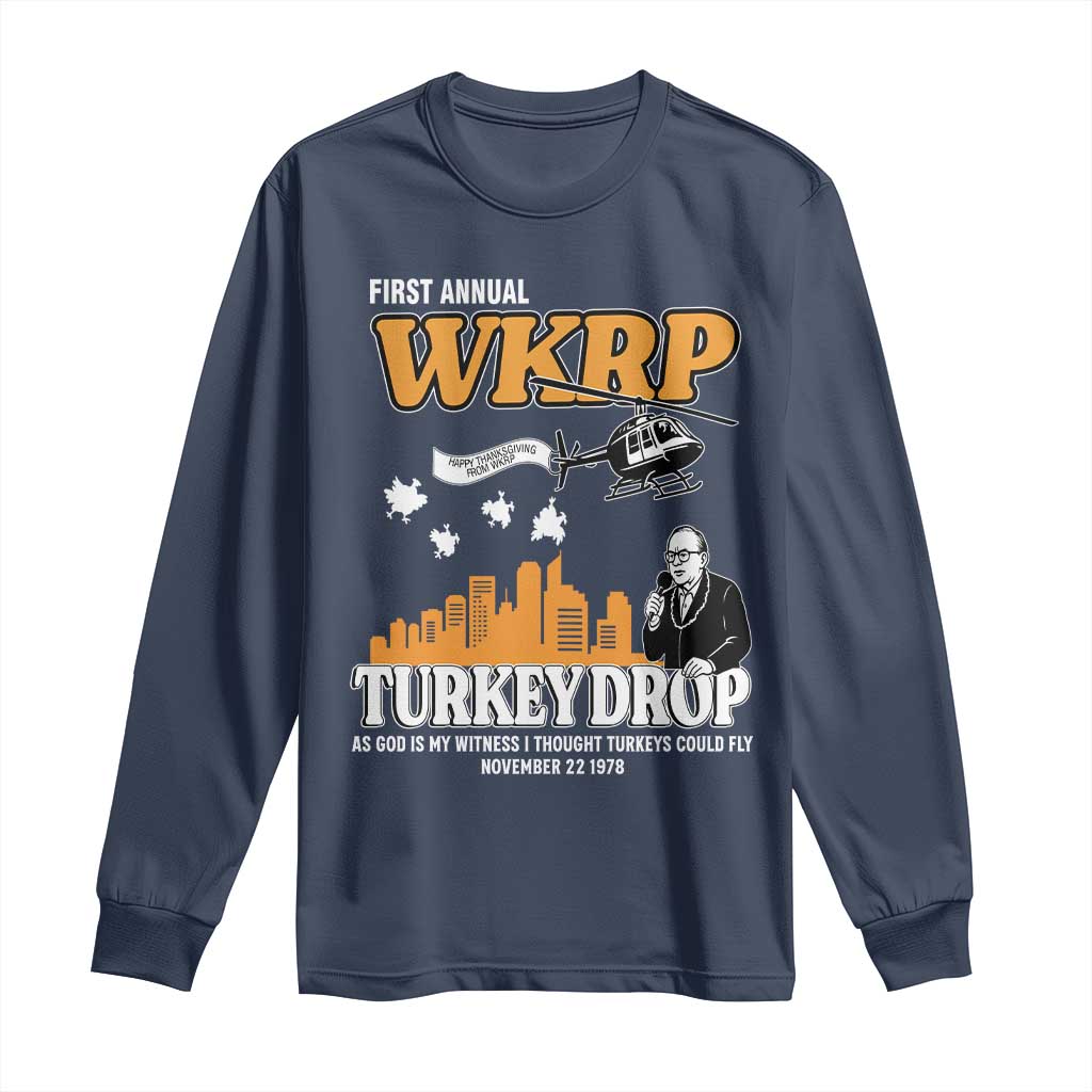 WKRP Turkey Drop with Les Nessman Long Sleeve Shirt Retro Thanksgiving Humor for Classic TV Fans - Wonder Print Shop