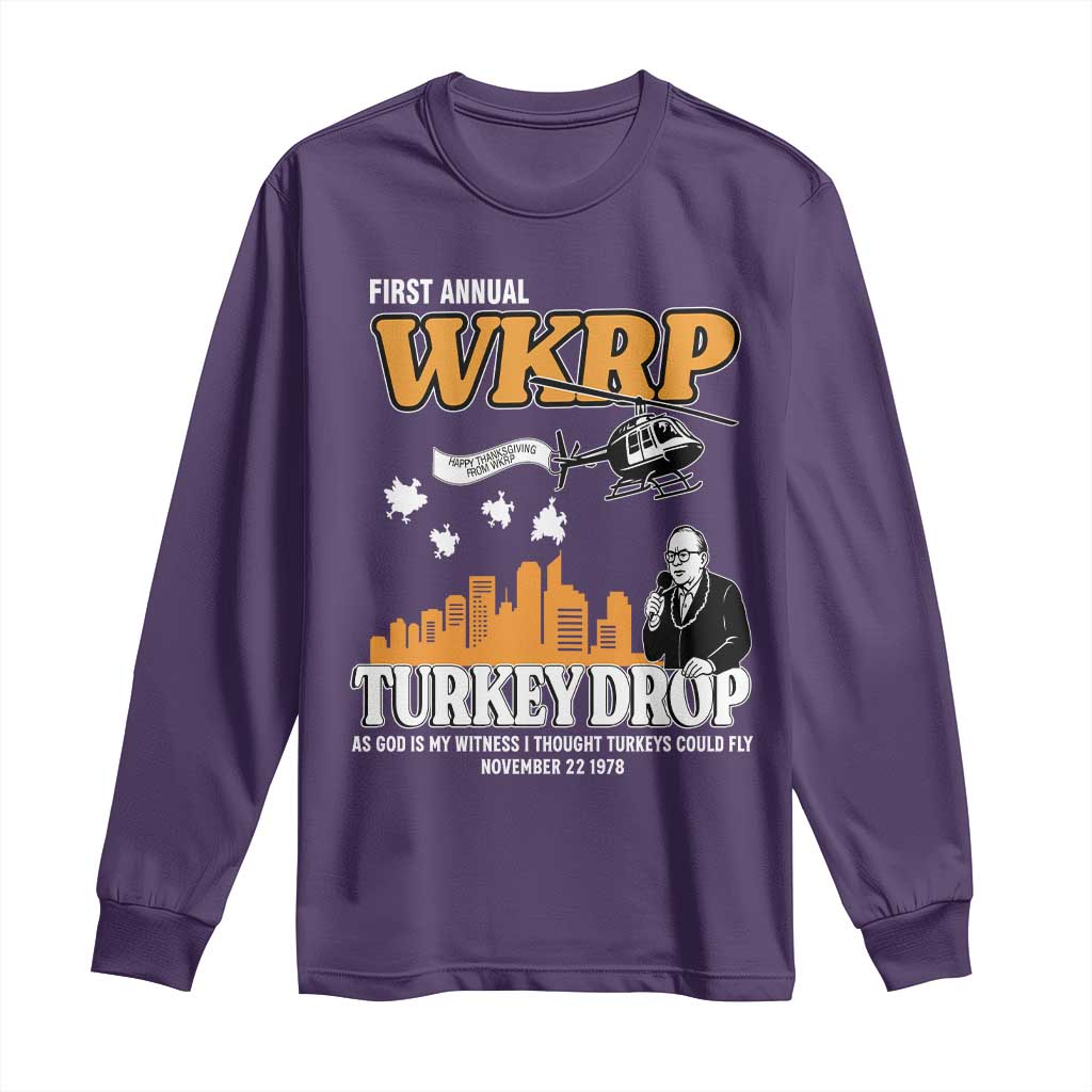 WKRP Turkey Drop with Les Nessman Long Sleeve Shirt Retro Thanksgiving Humor for Classic TV Fans - Wonder Print Shop