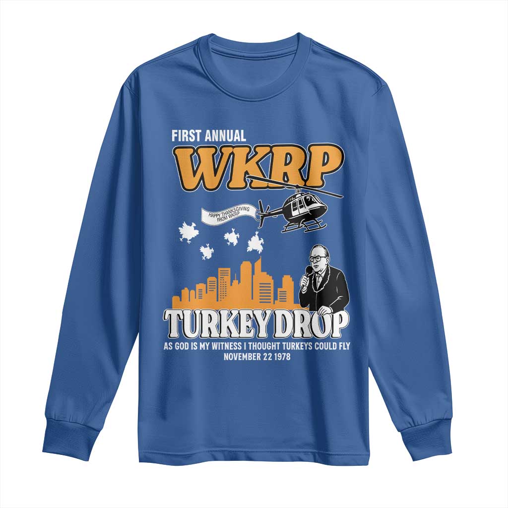 WKRP Turkey Drop with Les Nessman Long Sleeve Shirt Retro Thanksgiving Humor for Classic TV Fans - Wonder Print Shop