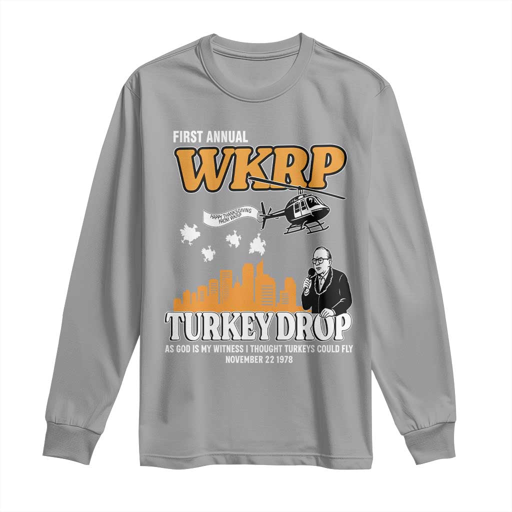 WKRP Turkey Drop with Les Nessman Long Sleeve Shirt Retro Thanksgiving Humor for Classic TV Fans - Wonder Print Shop