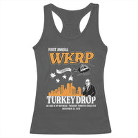 WKRP Turkey Drop with Les Nessman Racerback Tank Top Retro Thanksgiving Humor for Classic TV Fans - Wonder Print Shop