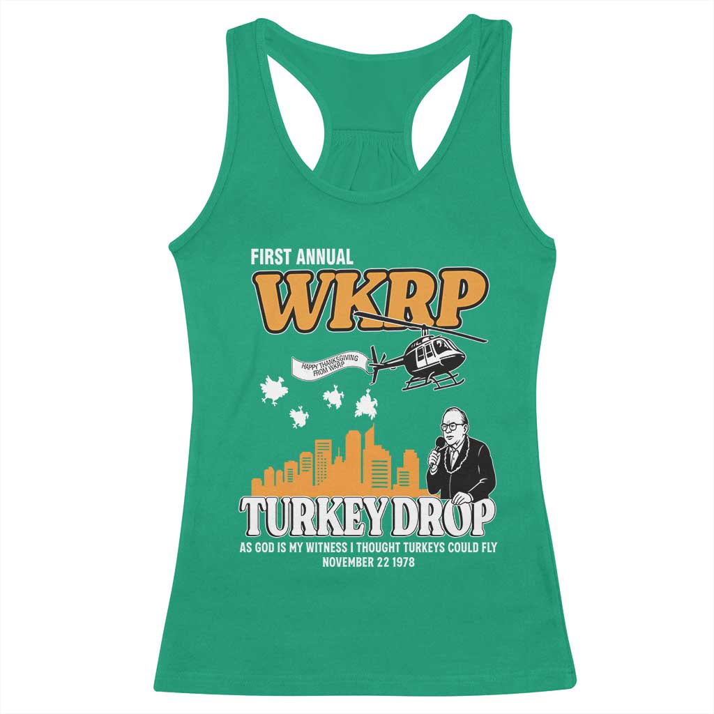 WKRP Turkey Drop with Les Nessman Racerback Tank Top Retro Thanksgiving Humor for Classic TV Fans - Wonder Print Shop