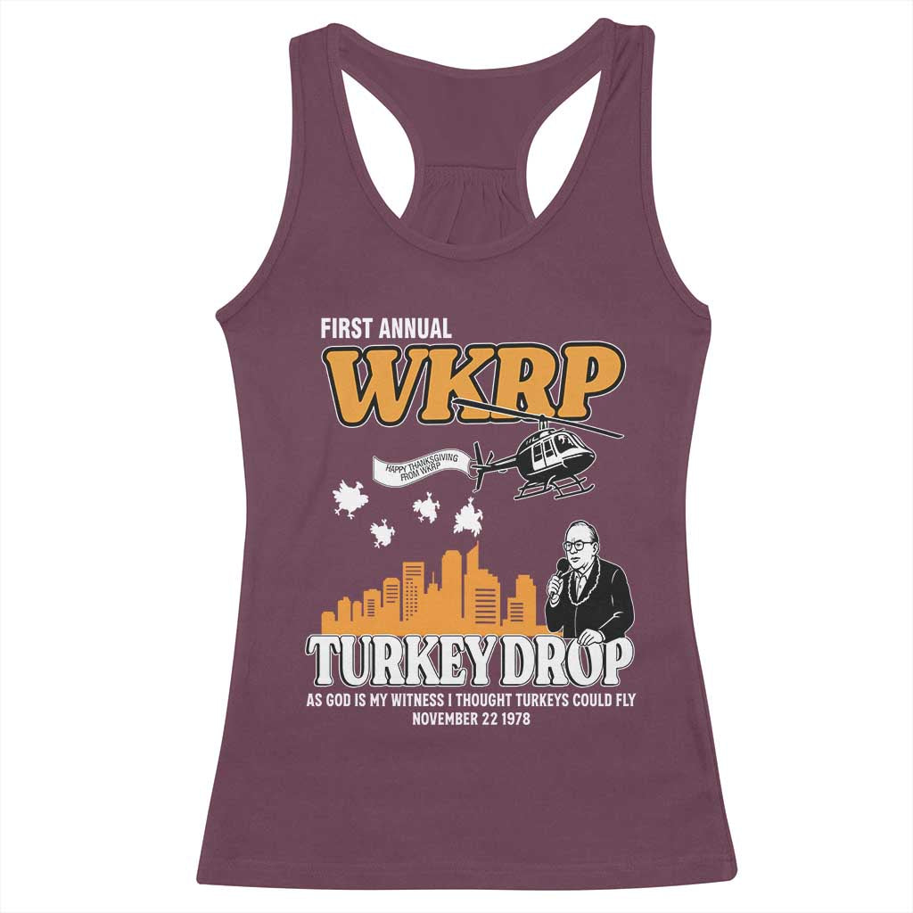 WKRP Turkey Drop with Les Nessman Racerback Tank Top Retro Thanksgiving Humor for Classic TV Fans - Wonder Print Shop