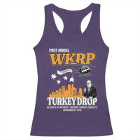 WKRP Turkey Drop with Les Nessman Racerback Tank Top Retro Thanksgiving Humor for Classic TV Fans - Wonder Print Shop