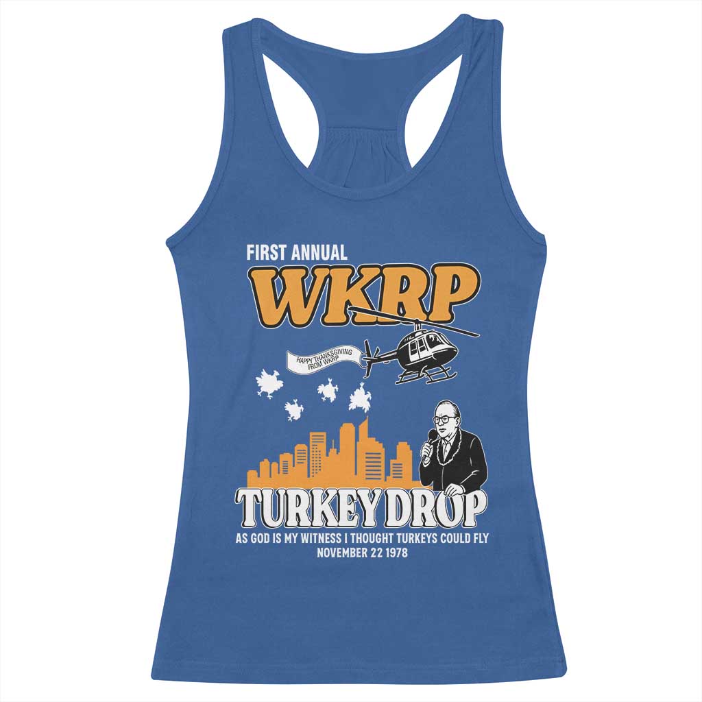 WKRP Turkey Drop with Les Nessman Racerback Tank Top Retro Thanksgiving Humor for Classic TV Fans - Wonder Print Shop