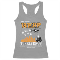 WKRP Turkey Drop with Les Nessman Racerback Tank Top Retro Thanksgiving Humor for Classic TV Fans - Wonder Print Shop