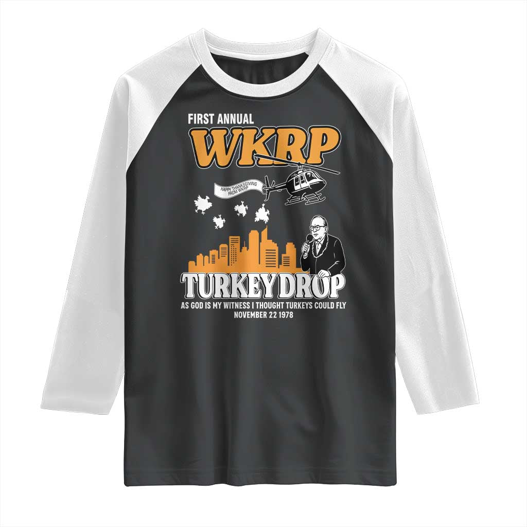 WKRP Turkey Drop with Les Nessman Raglan Shirt Retro Thanksgiving Humor for Classic TV Fans - Wonder Print Shop