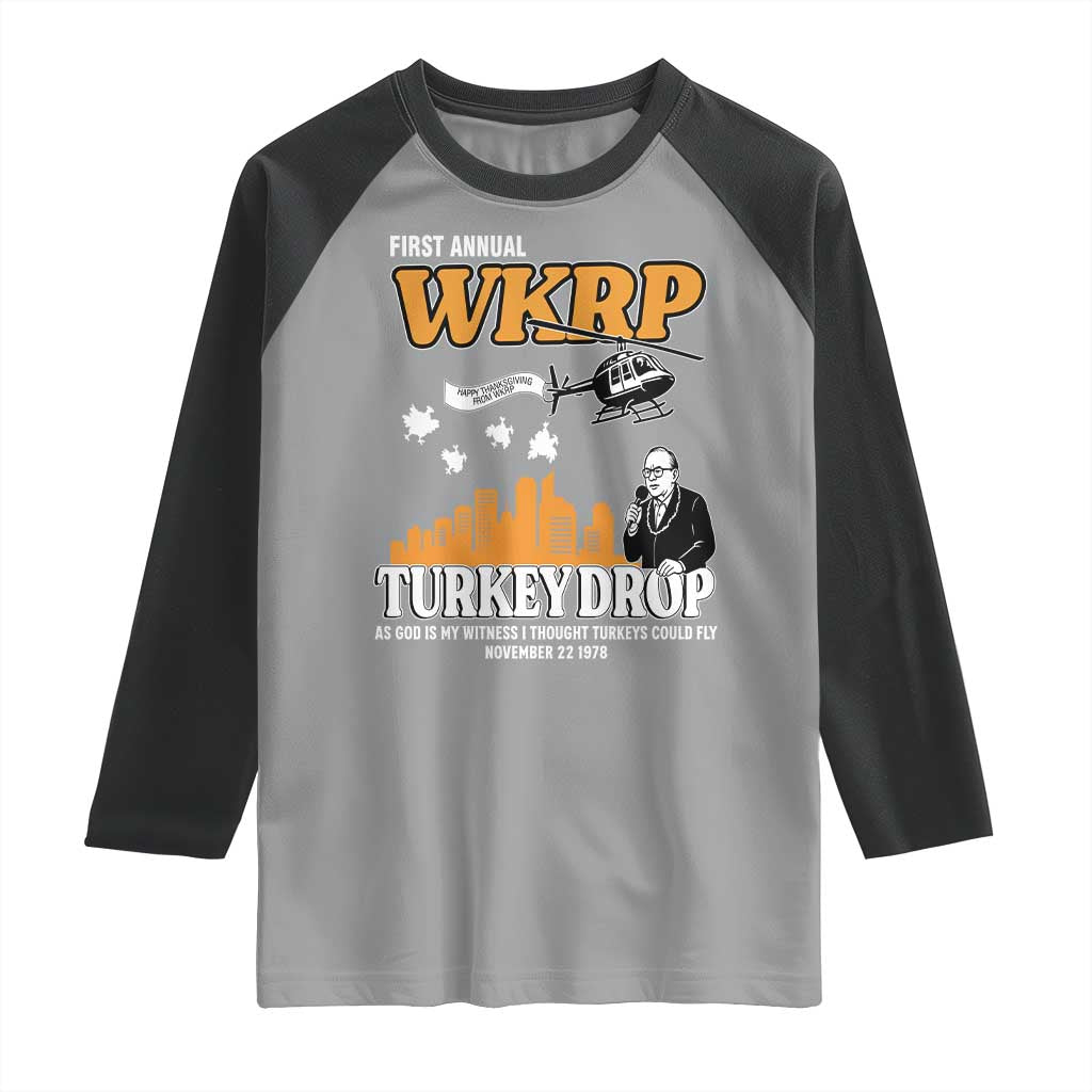 WKRP Turkey Drop with Les Nessman Raglan Shirt Retro Thanksgiving Humor for Classic TV Fans - Wonder Print Shop