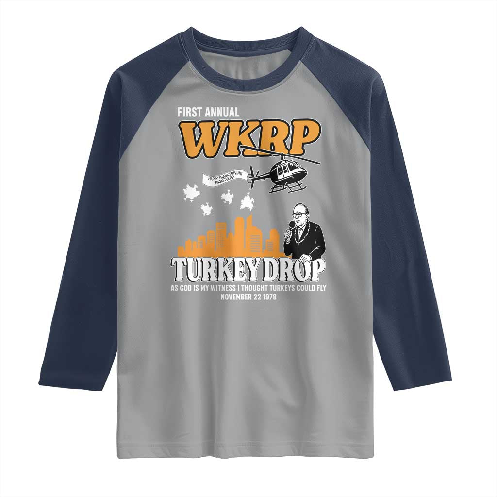 WKRP Turkey Drop with Les Nessman Raglan Shirt Retro Thanksgiving Humor for Classic TV Fans - Wonder Print Shop