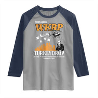 WKRP Turkey Drop with Les Nessman Raglan Shirt Retro Thanksgiving Humor for Classic TV Fans - Wonder Print Shop