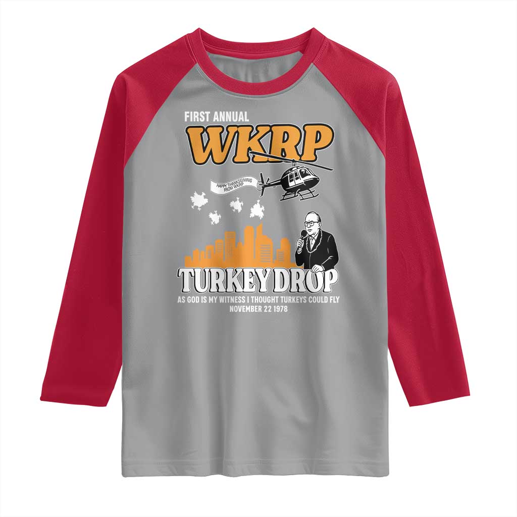 WKRP Turkey Drop with Les Nessman Raglan Shirt Retro Thanksgiving Humor for Classic TV Fans - Wonder Print Shop