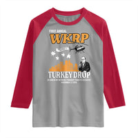WKRP Turkey Drop with Les Nessman Raglan Shirt Retro Thanksgiving Humor for Classic TV Fans - Wonder Print Shop