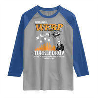 WKRP Turkey Drop with Les Nessman Raglan Shirt Retro Thanksgiving Humor for Classic TV Fans - Wonder Print Shop