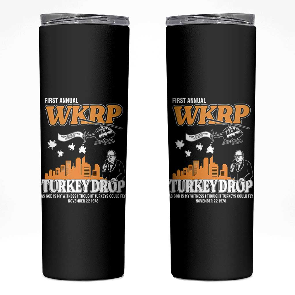WKRP Turkey Drop with Les Nessman Skinny Tumbler Retro Thanksgiving Humor for Classic TV Fans - Wonder Print Shop
