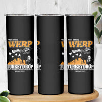 WKRP Turkey Drop with Les Nessman Skinny Tumbler Retro Thanksgiving Humor for Classic TV Fans - Wonder Print Shop