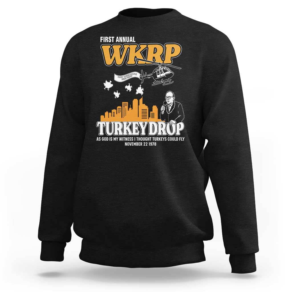WKRP Turkey Drop with Les Nessman Sweatshirt Retro Thanksgiving Humor for Classic TV Fans - Wonder Print Shop