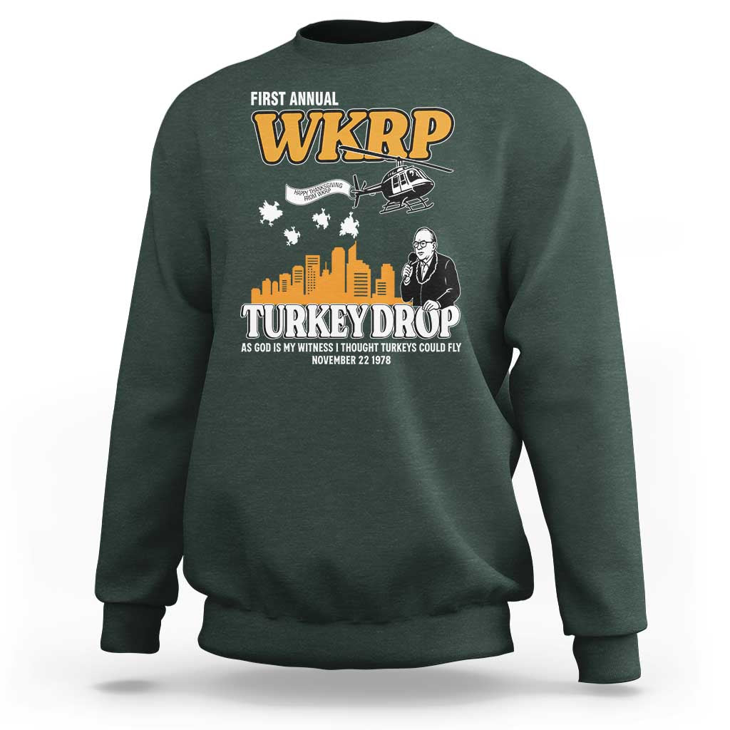 WKRP Turkey Drop with Les Nessman Sweatshirt Retro Thanksgiving Humor for Classic TV Fans - Wonder Print Shop