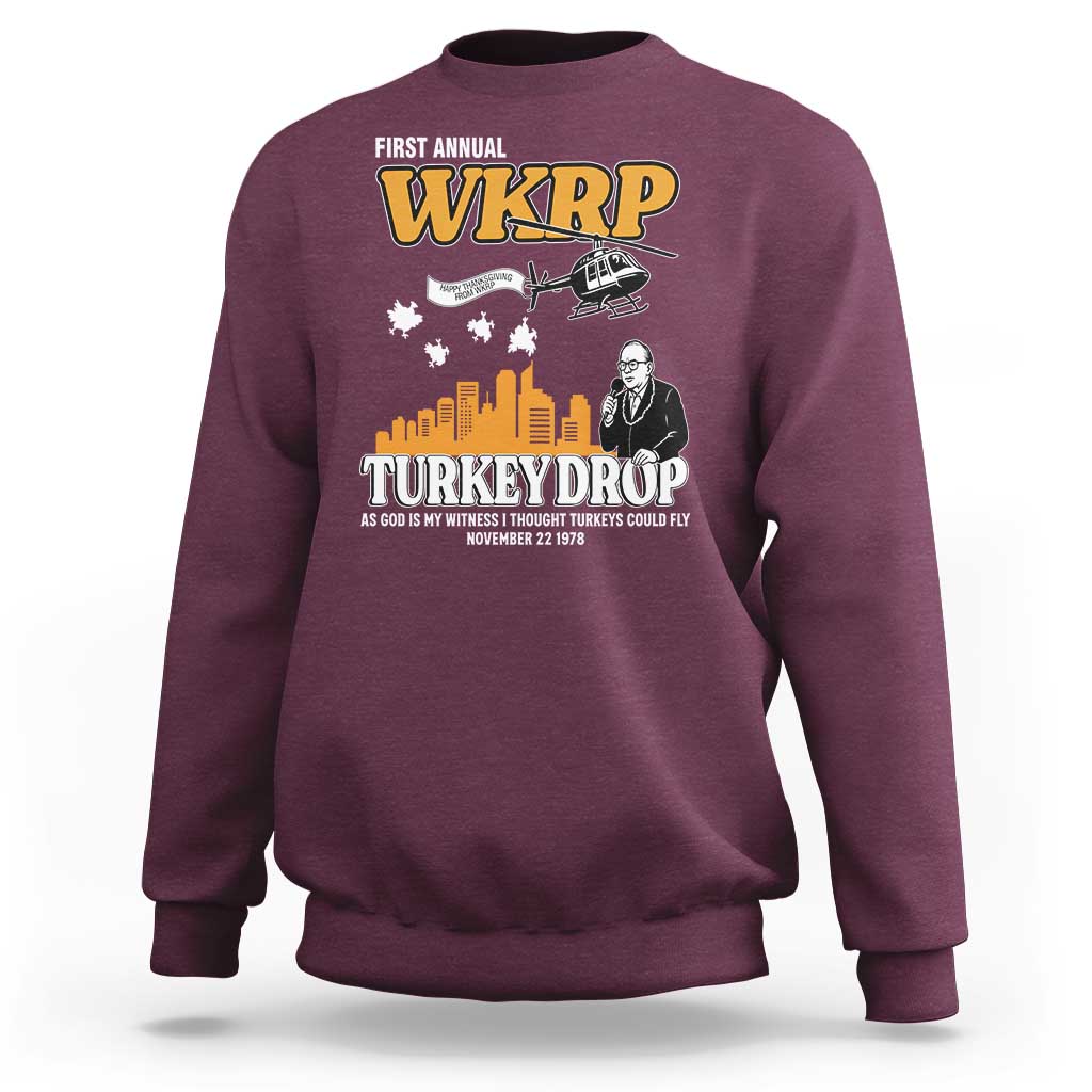 WKRP Turkey Drop with Les Nessman Sweatshirt Retro Thanksgiving Humor for Classic TV Fans - Wonder Print Shop
