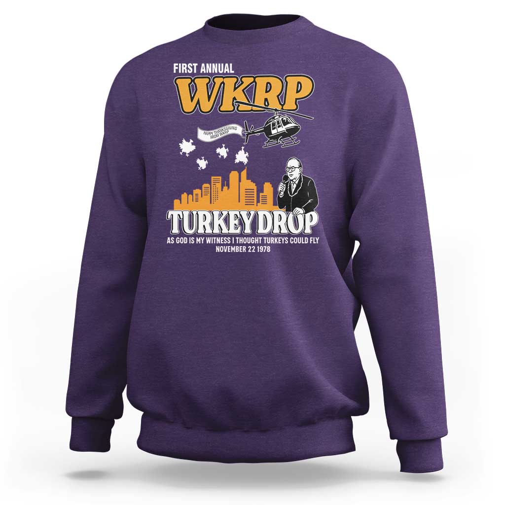 WKRP Turkey Drop with Les Nessman Sweatshirt Retro Thanksgiving Humor for Classic TV Fans - Wonder Print Shop