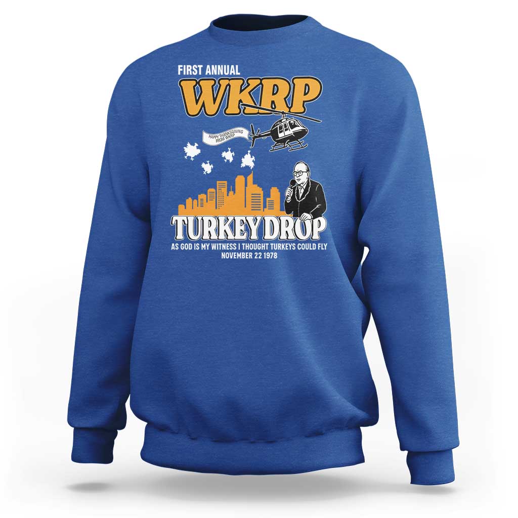 WKRP Turkey Drop with Les Nessman Sweatshirt Retro Thanksgiving Humor for Classic TV Fans - Wonder Print Shop