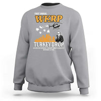 WKRP Turkey Drop with Les Nessman Sweatshirt Retro Thanksgiving Humor for Classic TV Fans - Wonder Print Shop