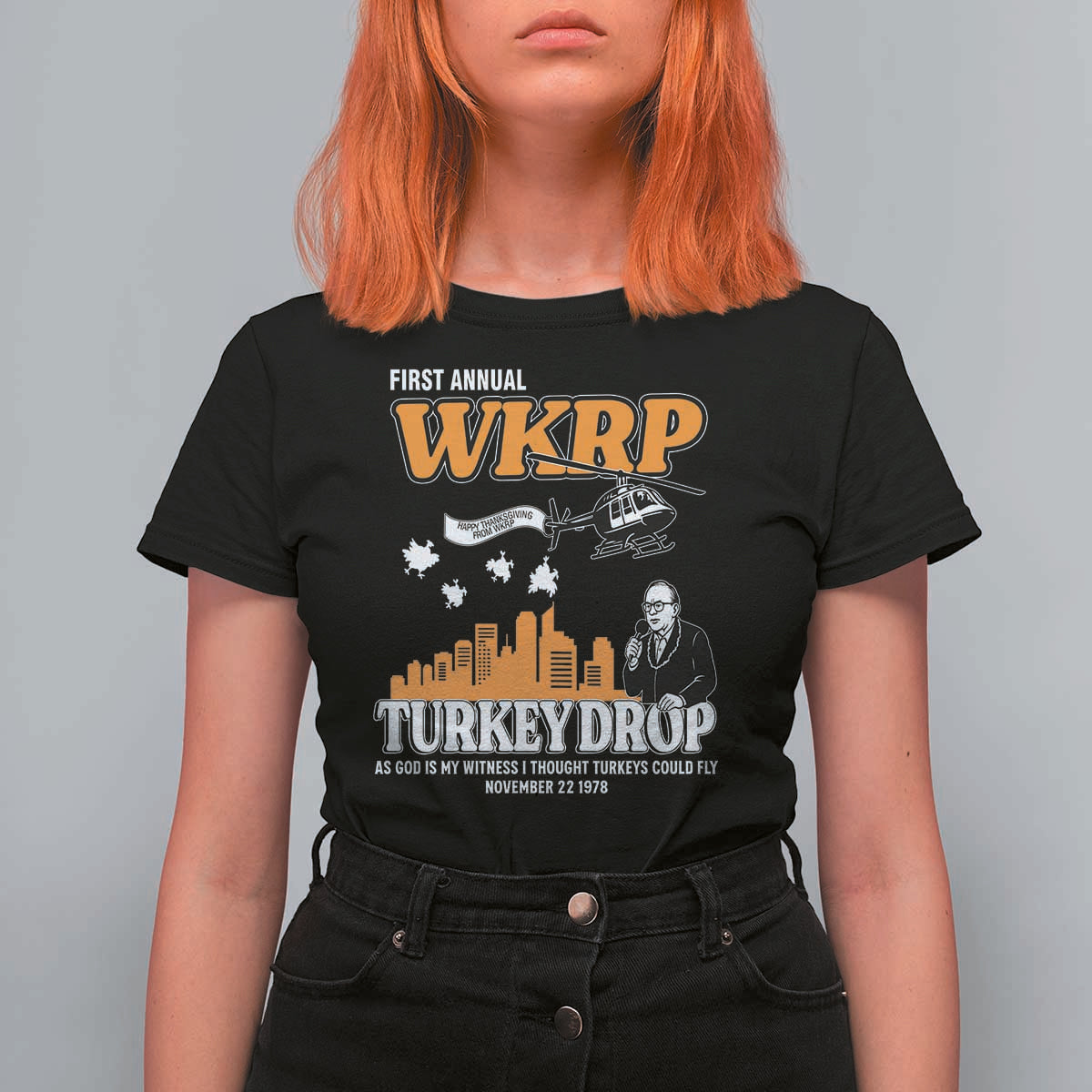 WKRP Turkey Drop with Les Nessman T Shirt For Women Retro Thanksgiving Humor for Classic TV Fans - Wonder Print Shop