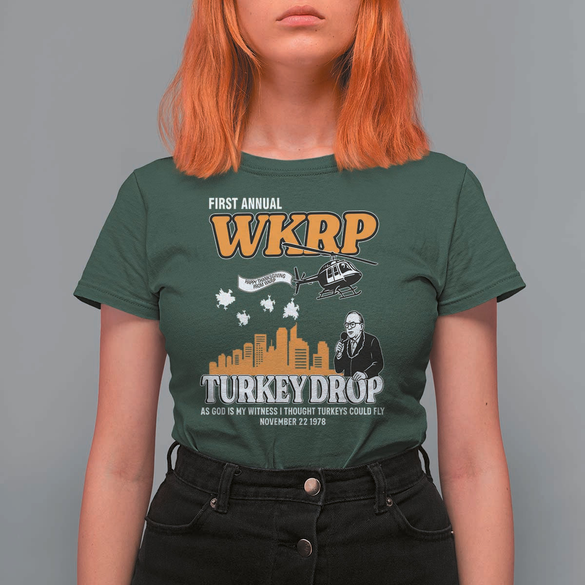 WKRP Turkey Drop with Les Nessman T Shirt For Women Retro Thanksgiving Humor for Classic TV Fans - Wonder Print Shop