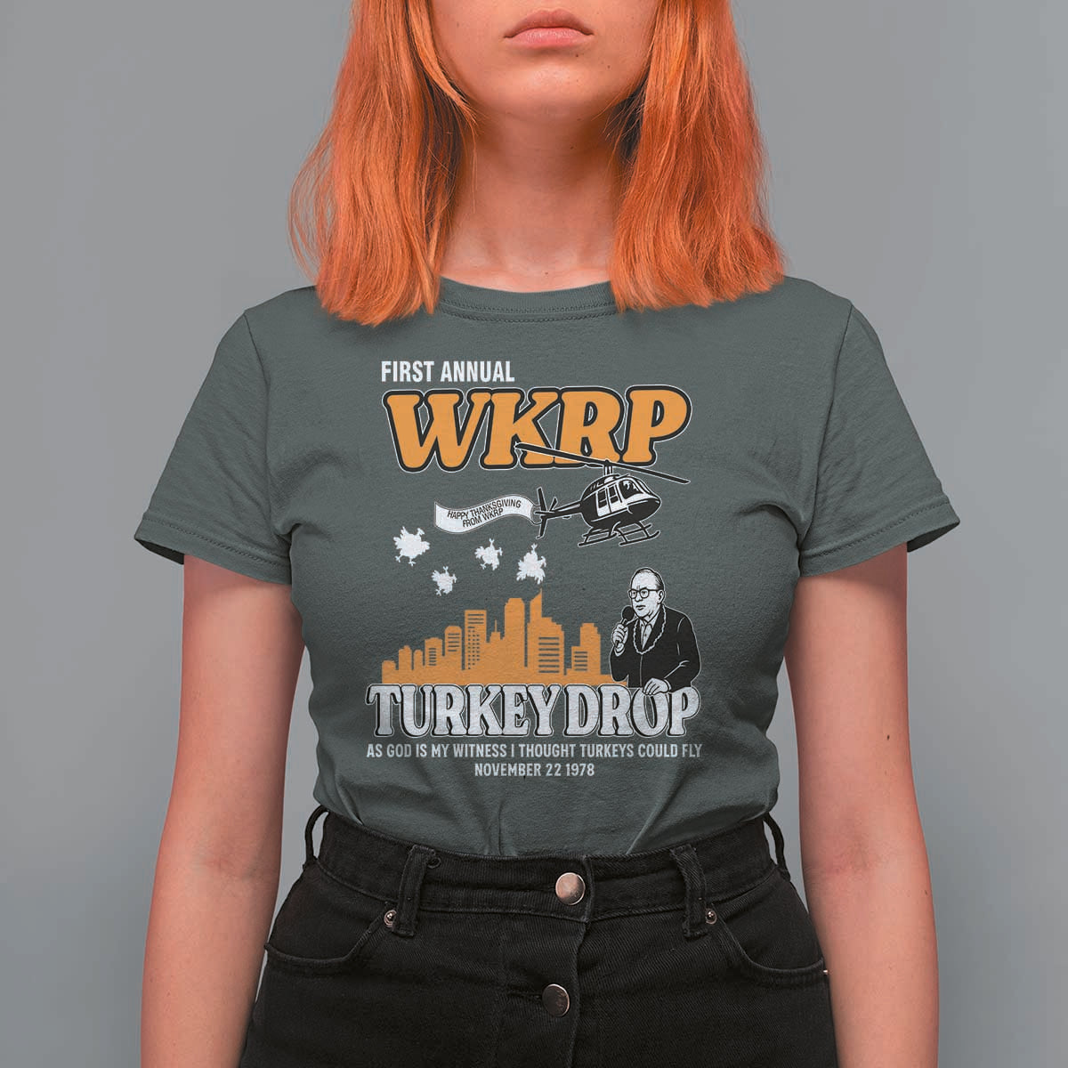 WKRP Turkey Drop with Les Nessman T Shirt For Women Retro Thanksgiving Humor for Classic TV Fans - Wonder Print Shop