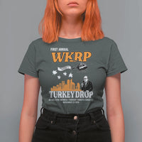 WKRP Turkey Drop with Les Nessman T Shirt For Women Retro Thanksgiving Humor for Classic TV Fans - Wonder Print Shop