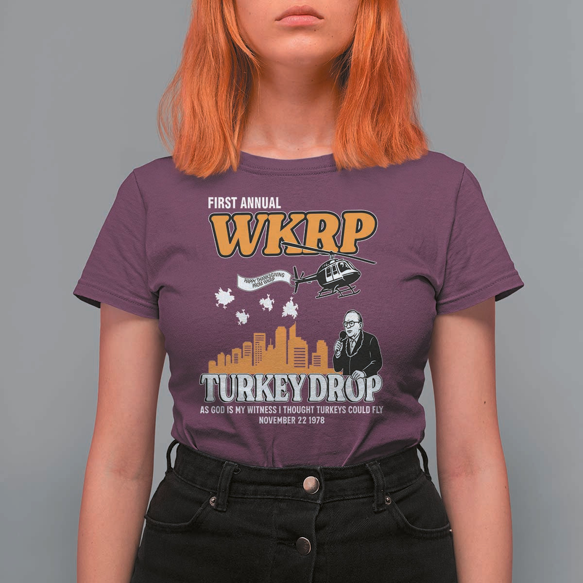 WKRP Turkey Drop with Les Nessman T Shirt For Women Retro Thanksgiving Humor for Classic TV Fans - Wonder Print Shop