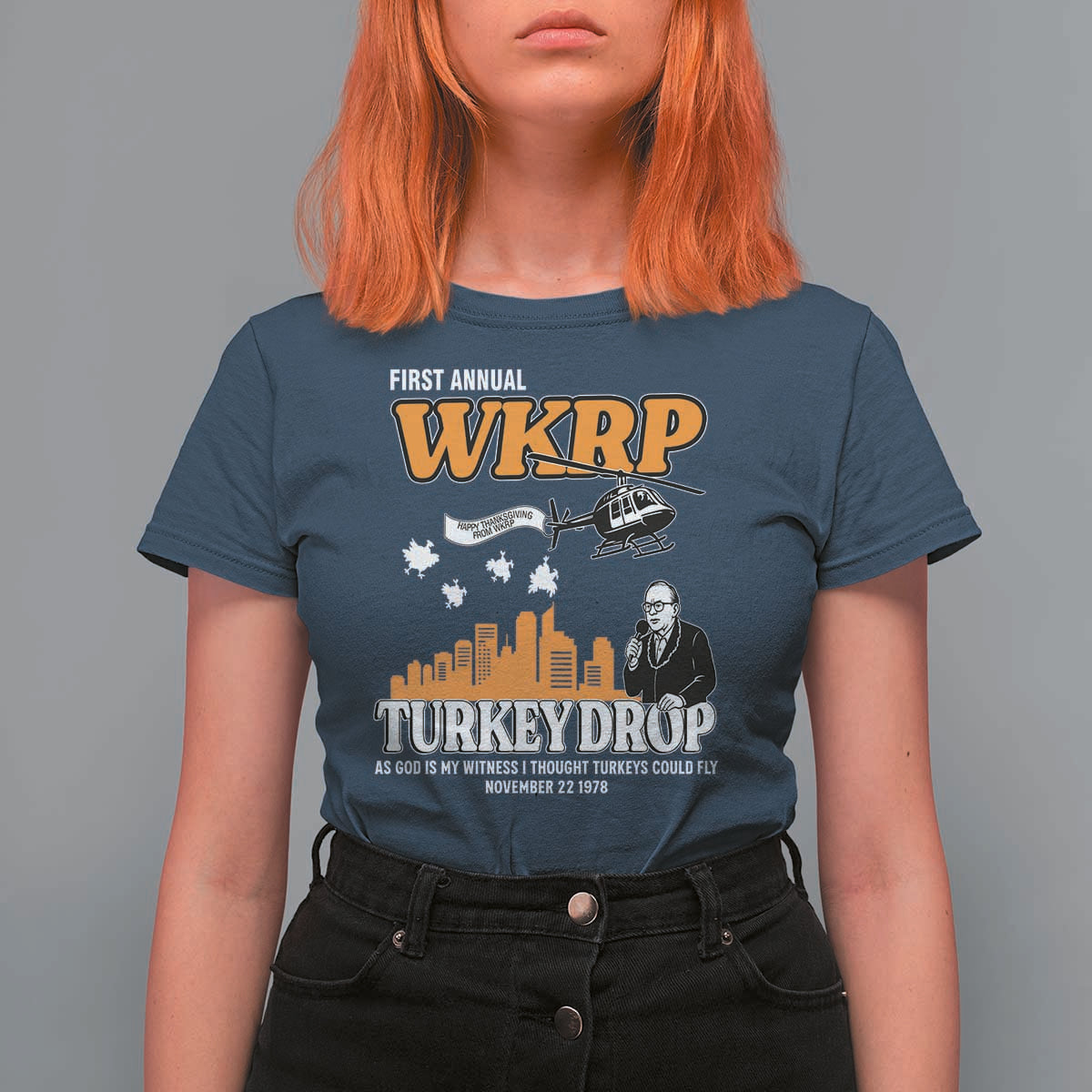 WKRP Turkey Drop with Les Nessman T Shirt For Women Retro Thanksgiving Humor for Classic TV Fans - Wonder Print Shop