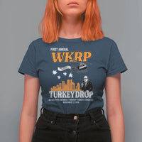WKRP Turkey Drop with Les Nessman T Shirt For Women Retro Thanksgiving Humor for Classic TV Fans - Wonder Print Shop