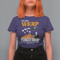 WKRP Turkey Drop with Les Nessman T Shirt For Women Retro Thanksgiving Humor for Classic TV Fans - Wonder Print Shop