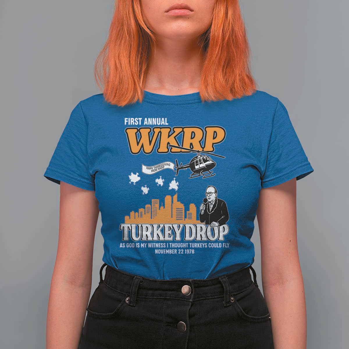WKRP Turkey Drop with Les Nessman T Shirt For Women Retro Thanksgiving Humor for Classic TV Fans - Wonder Print Shop
