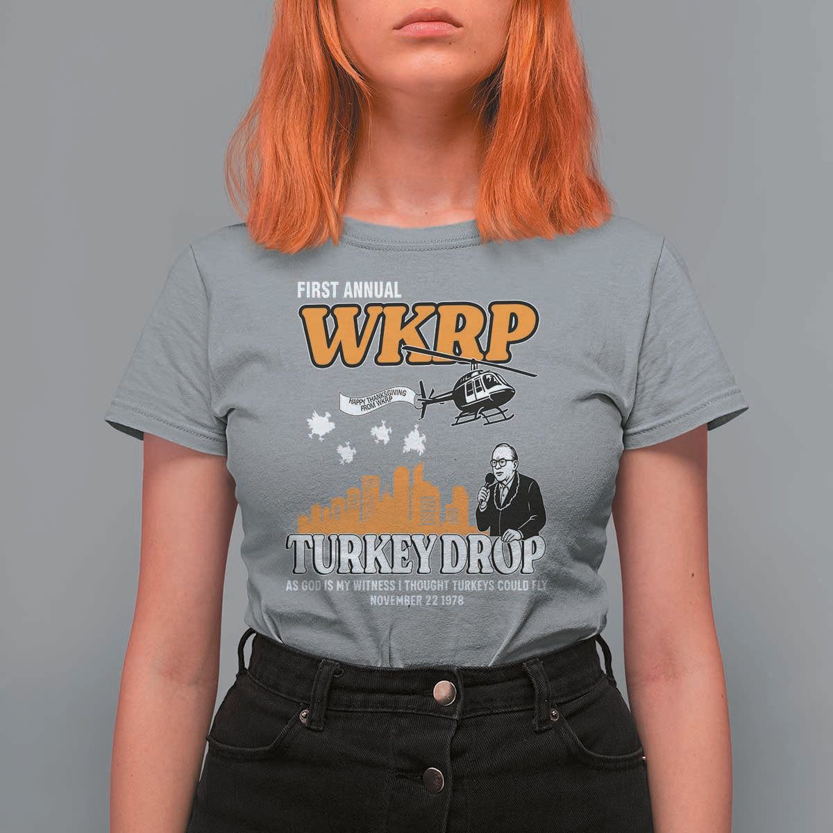 WKRP Turkey Drop with Les Nessman T Shirt For Women Retro Thanksgiving Humor for Classic TV Fans - Wonder Print Shop