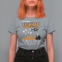 WKRP Turkey Drop with Les Nessman T Shirt For Women Retro Thanksgiving Humor for Classic TV Fans - Wonder Print Shop
